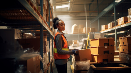 Fototapeta premium A young female employee picks items in a high bay warehouse 