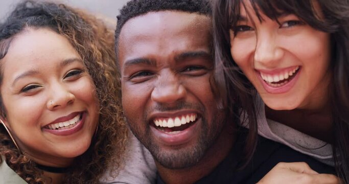 Face, funny and friends together outdoor, happy or bonding, hug or care. Portrait, smile and group of people laughing at comedy, joke and humor, embrace to support or diversity of black man and women