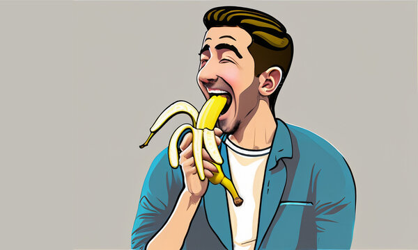 Man boy eating banana funny cartoon 