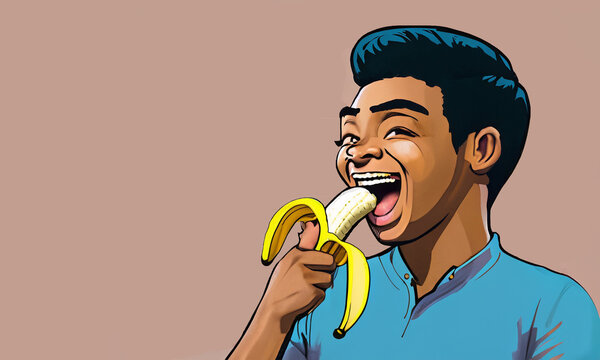 Man boy eating banana funny cartoon 