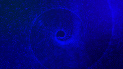 Abstract of a spinning deep blue spiral composed of circular blue dots against a black background creates an illusion of motion. Abstract dot round half-tone spinning elements