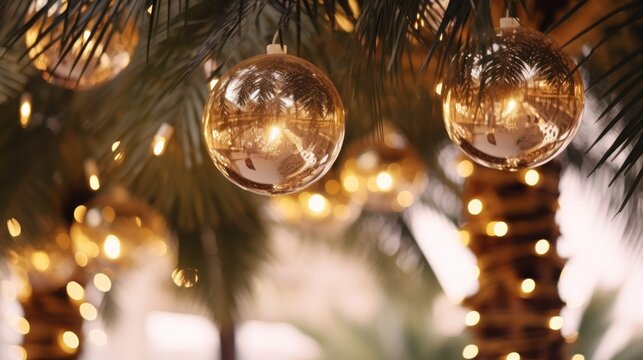 Exotic Tropical Christmas: Close-Up of Palm Trees Adorned with Light Garlands and Golden Baubles