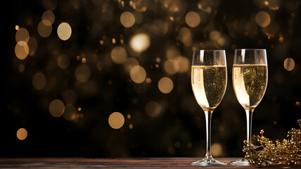 Two glasses of champagne with black luxurious background 