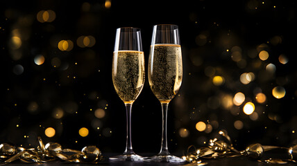 Two glasses of champagne with fireworks on a dark and gold background, new year bg