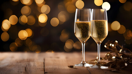 Two glasses of champagne on the table, new year bg, celebration