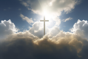 Cross in cloudy sky. Religious symbol in clouds, paradise