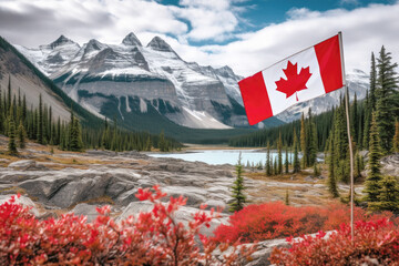 Canada's picturesque national park is a traveler's dream, with a flag wvaing and its stunning autumn scenery, pristine river, and rugged mountain landscapes.