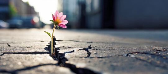 A close-up of a resilient flower pushing through the hard asphalt of a street, showcasing the...