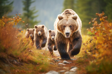 a mother brown bear with her adorable cubs in their natural forest habitat during the summer, highlighting the beauty of wildlife in its natural setting.