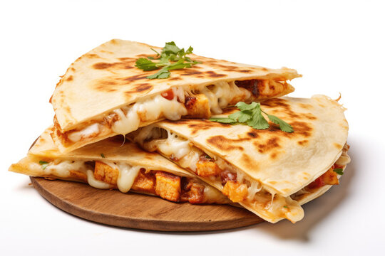 A mouthwatering close-up image of a cheesy quesadilla, showcasing its delicious ingredients and texture against a white background.