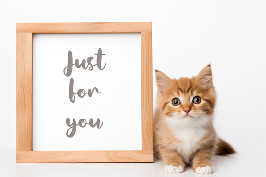 A small kitten sitting next to a picture frame, caption Just for You