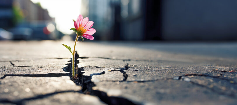 Fototapeta A close-up of a resilient flower pushing through the hard asphalt of a street, showcasing the strength and determination of nature to thrive in challenging environments.