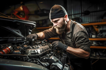 Fototapeta na wymiar An experienced auto technician in a bustling garage, using precision tools and knowledge to provide top-notch vehicle maintenance and repair services to satisfied customers.
