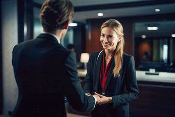 A female receptionist in a hotel, a true professional, effectively communicates with guests, provides keys, and takes care of their travel needs