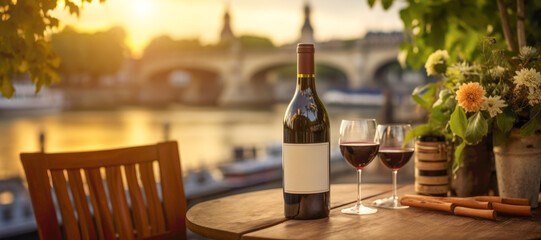A close-up of a red wine glass and bottle on an outdoor table in France, setting the scene for a romantic evening. - obrazy, fototapety, plakaty
