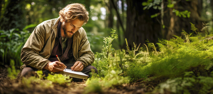 A dedicated botanist conducting field research, carefully studying the growth and characteristics of various plant species in a lush and vibrant natural environment.