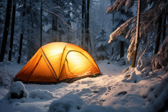 Amid a snowy forest in the dead of night, a tent stands as a symbol of extreme outdoor adventure and camping in the cold.