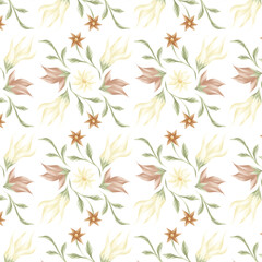 Patrón de flores amarillas, rosas y naranjas sin fondo.  Decoración de flores para telas y superficies.