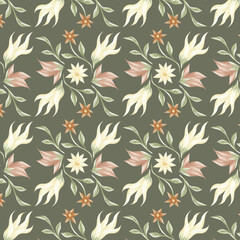 Patrón de flores amarillas, rosas y naranjas sobre fondo verde. Fondo de pantalla de flores. Decoración de flores para telas y superficies.