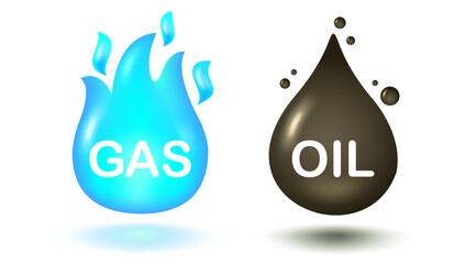 Vector illustration of oil drop and fire of gas in 3D style. Vector icon of oil drop and blue fire in realistic style. - obrazy, fototapety, plakaty