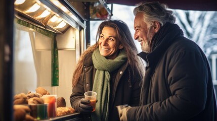 Side view of happy mature customers in casual clothes standing near a food truck and smiling happily while talking to a worker. Generative AI - obrazy, fototapety, plakaty