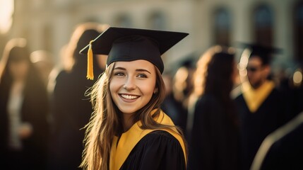 Obraz premium Smiling young woman and graduation, diploma and celebration, university education with success and event. Graduate, certificate and happy student person with future and academic. Generative AI