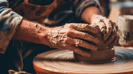Photo sur Aluminium Vielles portes Hands Of Potter Making Clay Pot.Generative AI