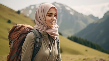 Young Muslim Woman in Hijab Embracing Nature on a Hike with Backpack. Generative AI