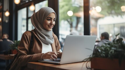 Muslim business woman in hijab having a video chat on a laptop. Generative AI