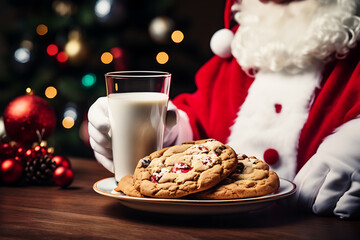 Santa Claus hand takes glass of milk. Snacks and glass of milk for Santa under Christmas tree....