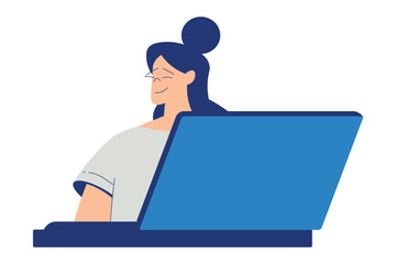Fototapeta na wymiar Business with Young Woman Character at Laptop Vector Illustration