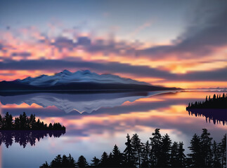 sunset above mountain and reflection in lake
