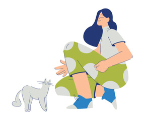 Eco Friendly with Happy Woman Character Sitting with Cat Vector Illustration