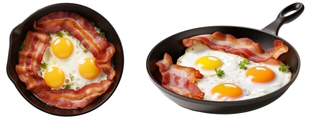 Bundle of two pans with fried eggs and bacon (side and top view) isolated on white background