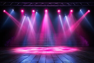 Empty concert stage with illuminated neon glowing spotlights. Stage background with copy space