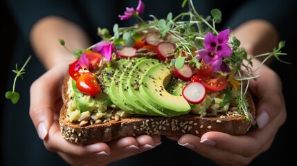 A bright close-up view of a grip clasping a chic avocado toast with vivid toppings, ideal for food...