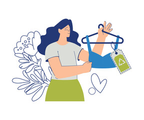Eco Friendly with Happy Woman Character with Tank Top on Hanger Vector Illustration