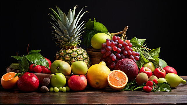 A creative still life picture displaying various ripe fruits arranged with attractive flair.