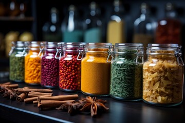 A collection of colorful spices in small glass jars on a kitchen countertop. - obrazy, fototapety, plakaty