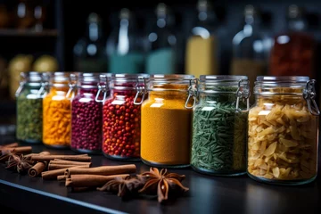 Zelfklevend Fotobehang A collection of colorful spices in small glass jars on a kitchen countertop. © Hunman