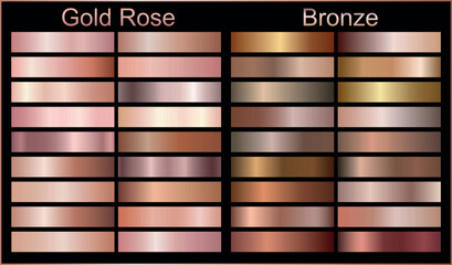 Gold rose, bronze, metal silver and gold texture set isolated on black background. Vector golden metallic gradient collection for gold pink or chrome border, frame, ribbon, label design.