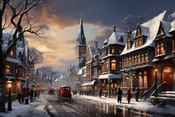 Obraz premium A magical old fashion city, snow-covered village square with a glowing Christmas market.