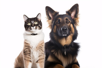 A canine and feline duo gazes intently at the lens against a plain backdrop.