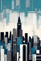 Art style illustration of a fictitious cityscape of a cluster of modern high-rise skyscrapers. Black and teal color palette.