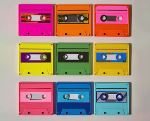 Fototapeta premium Multi-colored, retro, old audio cassettes on a beige background, 80 years old, top view