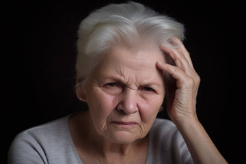 Upset middle aged senior woman massaging temples, touching sore head, feeling severe headache or migraine, sad, tired, stressed older senior woman suffering from pain or dizziness...