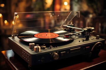A retro turntable with a vinyl record spinning and the stylus poised to play music, capturing the nostalgia and warmth of analog audio