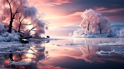 Beautiful winter landscape with frozen lake and trees in hoarfrost at sunset. Generative AI technology.