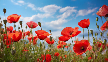 Fototapeta premium Red poppy flowers against the blue sky.