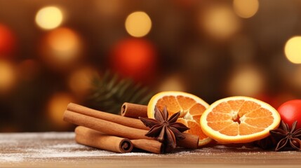 Obraz na płótnie Canvas Aromas: Cinnamon Sticks and Homemade Orange Slices on Wooden Background, Perfect for Christmas Composition and Inscription.
